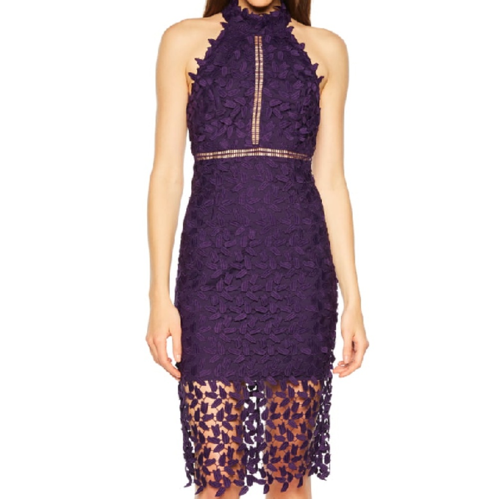 Gemma Halter Lace Sheath Dress in Dark Purple
